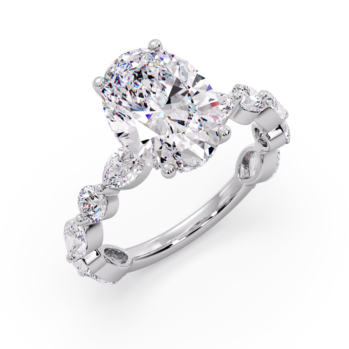 Oval diamond set in a marquise & round setting